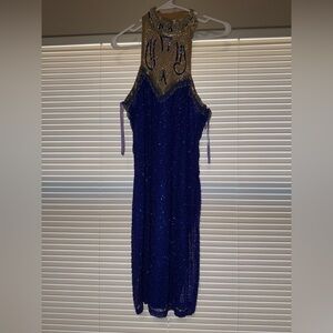 Vintage Niteline Beaded Halter Dress in Deep Blue and Gold